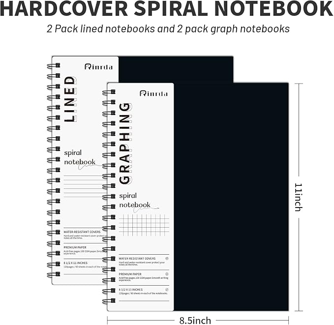 Spiral Notebook 8.5" x 11"-2 Graph&2 Lined Hardcover notebooks | Notebooks for Work&Note Taking, Lined Hardcover Notebook 120 Pages Thick Paper Notebook Hardcover Journal for School, Office