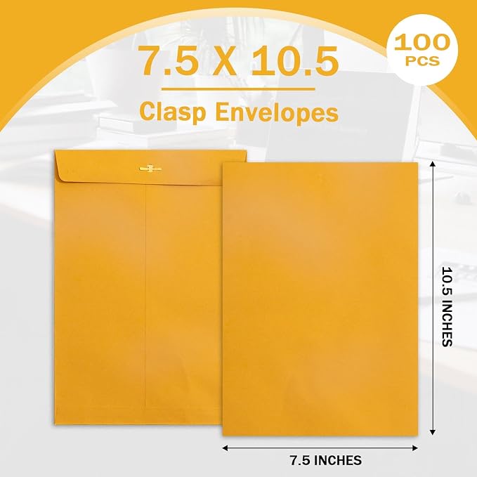 Goefun Clasp Envelopes, 7.5 x 10.5 inch, 100 Pack | Manilla Envelopes, Clasp and Gummed Closures, For Storing or Mailing, 100 GSM Kraft Paper