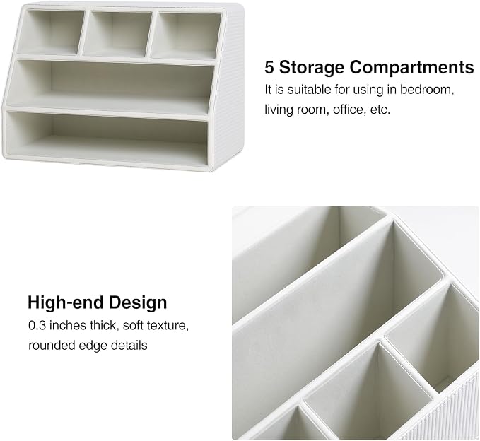 PU Leather Desk Organizer, Remote Control Holder, Ivory | Luxury Nightstand Organizer for Home, Office Desk Accessories, Bedside Table Caddy with 5 Compartments, Velvet Lining