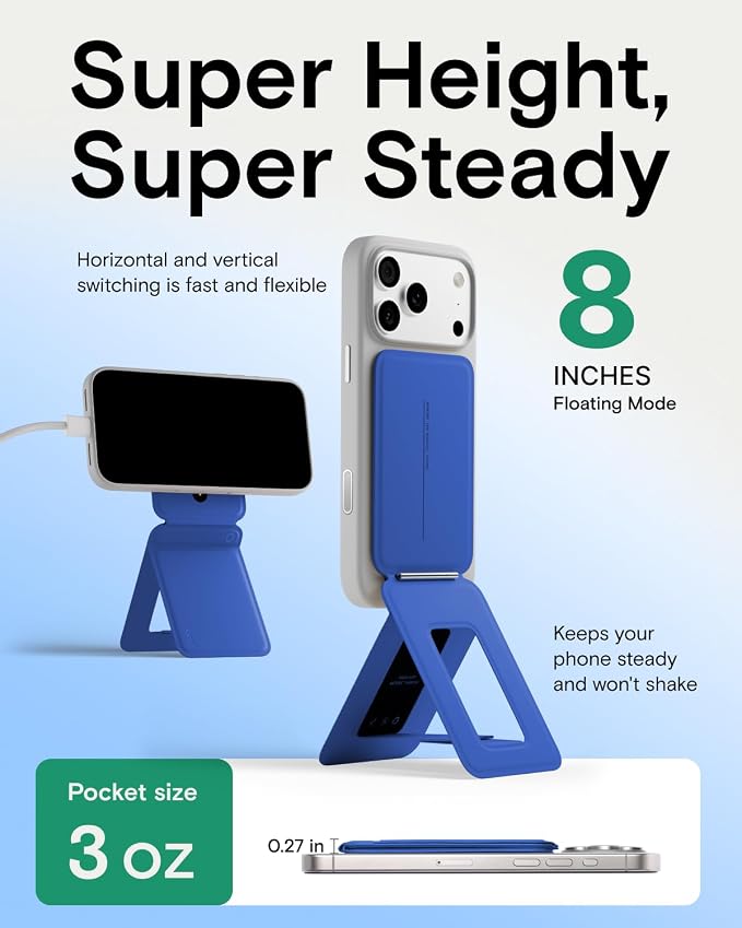 MOFT Phone Stand, Magnetic Phone Tripod Stand Stain-Resistant MOVAS Leather & Angle Adjustment & Strong Magnets Tripod for iPhone 17/16/15/14/13/12 (Included Metal Ring)-Sapphire