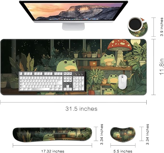 Desk Mat, Large Gaming Mouse Pad with Wrist Rest, 4 in1 XXL Mouse pad+Keyboard Wrist Rest+Mouse Pad Wrist Support+Cup Coaster Set, Ergonomic Desk Pad for Home Office,Cute Frog