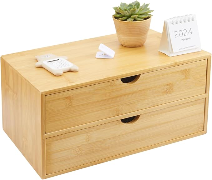 Bamboo Desk Organizer With Drawers Countertop Drawers Counter Storage Box Corner Desk Organizer for Home Office No Assembly Required (2 Drawers)