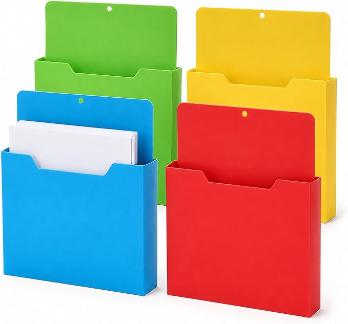 Magnetic File Holder, A4 Wall Organizer for Classroom Whiteboards (4PCS) | Large File Pocket for Teachers, Office and Home; Attaches to Fridges, Lockers, Cabinets and Other Metal Surfaces