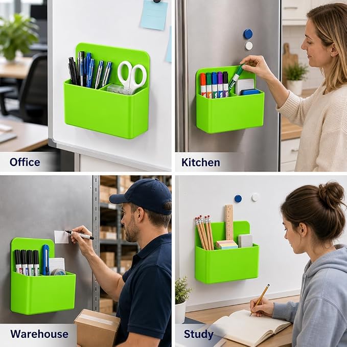 Magnetic Pencil Pen Holder, 2 PCS Dry Erase Marker Holder for Whiteboard, Green Magnet Storage Pencil Cup Case Box Fridge Organizers Locker Accessories for Office School Classroom Teacher Must Haves