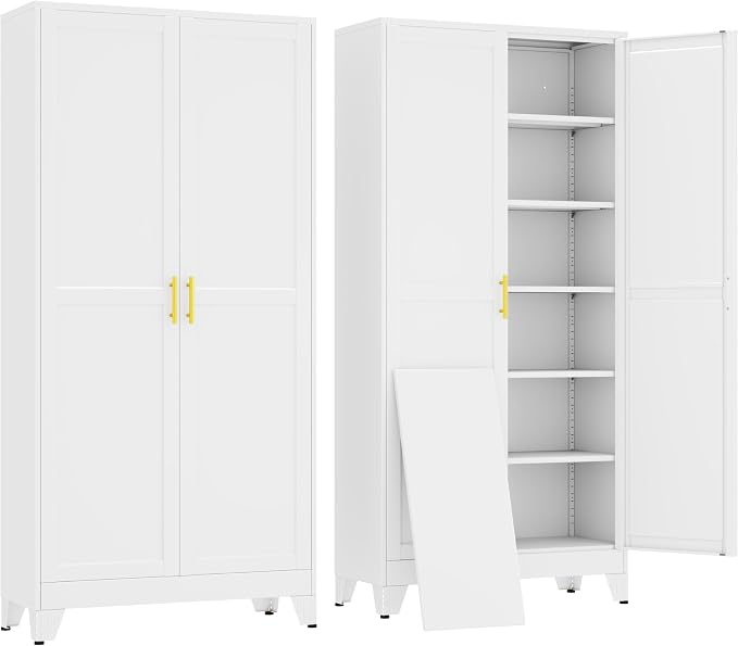 erosoei 75" H Large Metal Garage Storage Cabinet, Metal Pantry Cabinet with 2 Doors, Locker Steel Cabinet with 5 Adjustable Shelves, Freestanding Cupboard for Garage,Office,Home,Gym,School