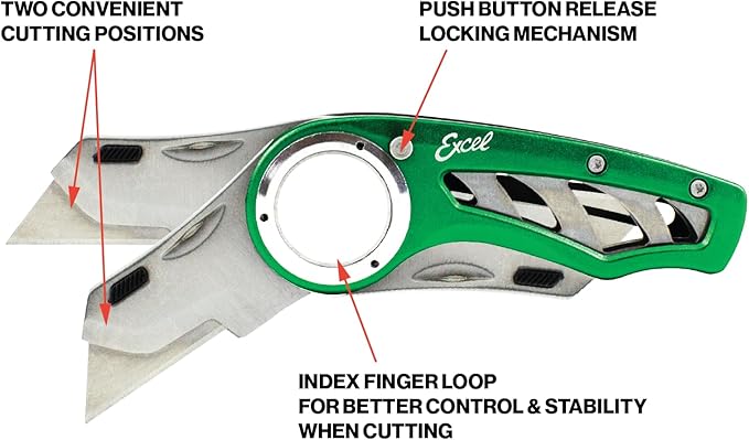 Excel Blades Revo Folding Utility Knife – Heavy-Duty Box Cutter with Aluminum Body, Quick-Change #92 Blades, 3 Lock Positions Design, Anti-Slip Finger Loop Grip, Holster Included – Green