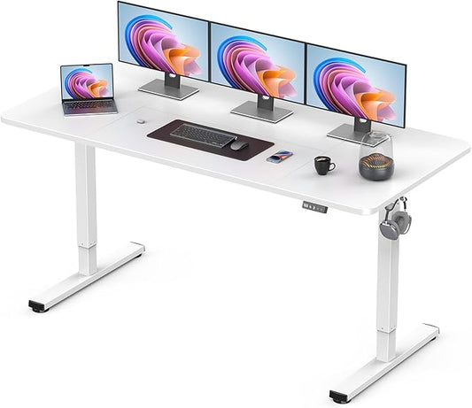 Standing Desk, Large Height Adjustable Electric Stand up Desk, 63 x 24 Inches Sit Stand Home Office Desk, with Splice Board, White Frame/White Top
