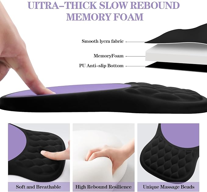 Ergonomic Mouse Pad with Wrist Support, Memory Foam Mousepad with Massage Design, Wrist Rest Mouse Pads for Carpal Tunnel Pain Relief, Non-Slip PU Base for Office Desk/Gaming (Black+Purple)