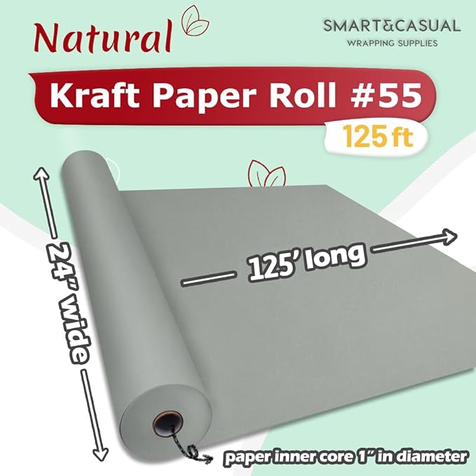 SMART&CASUAL 24" x 1,500" (125') Light Grey Kraft Craft Paper Roll for Gift Wrapping Bulletin Board Bouquet Flower Kids Art Packing Parcel Table Covering 80GSM 55LB (Light Grey, 24" x 125')