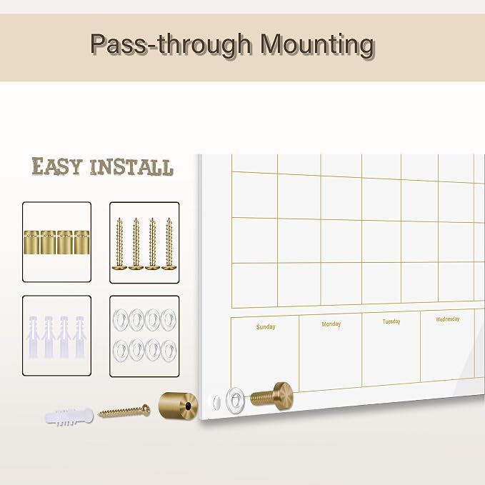 Glass 3-1 Golden Monthly Dry Erase Calendar Whiteboard for Wall,20"x 30",Frameless Mounting,Office/School/Home, Frameless Large Planner White Board