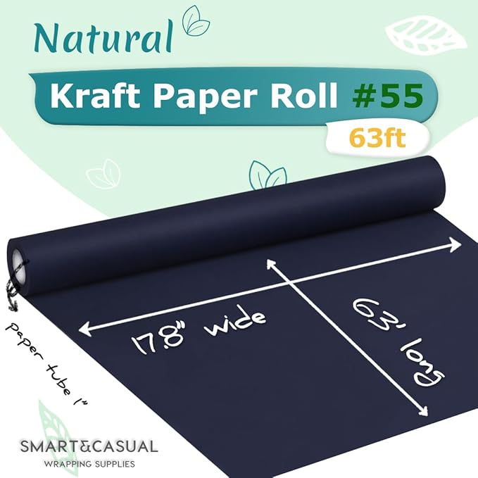 SMART&CASUAL 17.8" x 760" (63') Navy Blue Kraft Craft Paper Roll for Gift Wrapping Bulletin Board Bouquet Flower Kids Art Packing Parcel Table Covering 80GSM 55LB (Navy Blue, 17.8" x 63')