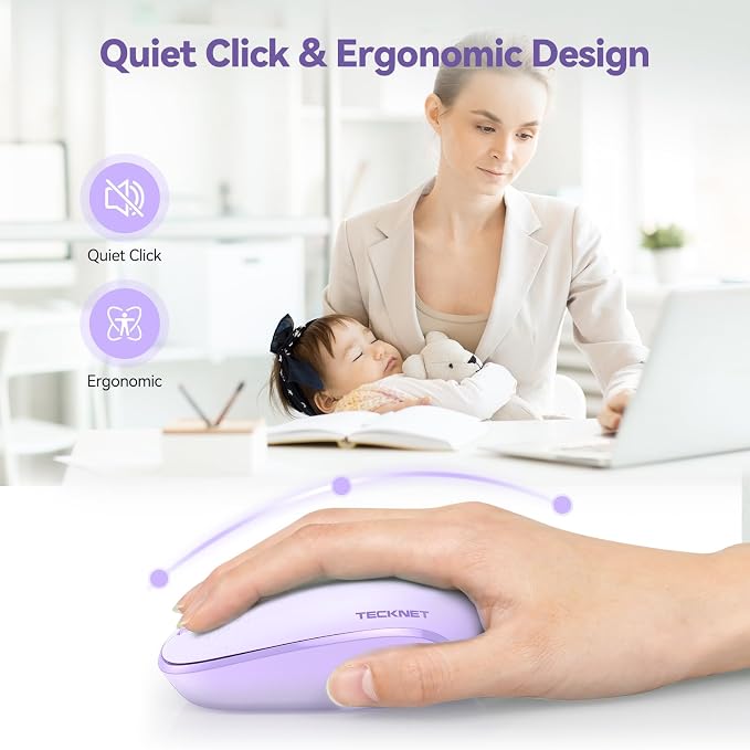 TECKNET Compact Ambidextrous Wireless Mouse for Laptop Purple | 2.4G Quiet Computer Mouse with USB Receiver, 3 Adjustable DPI Portable Cordless Mice for Chromebook, Laptop, PC, Mac
