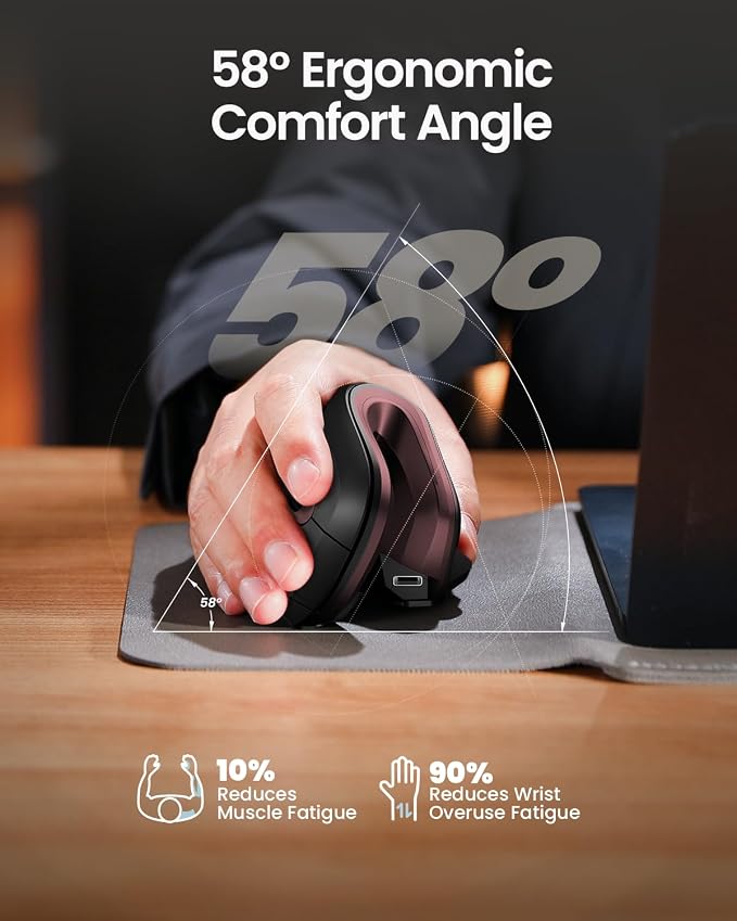 ProtoArc EM11 NL Wireless Ergonomic Vertical Mouse, Rechargeable, Wine Red | 58° vertical design supports a natural wrist posture, connect 3 devices via Bluetooth/2.4G USB-A, 500mAh USB-C rechargeable.