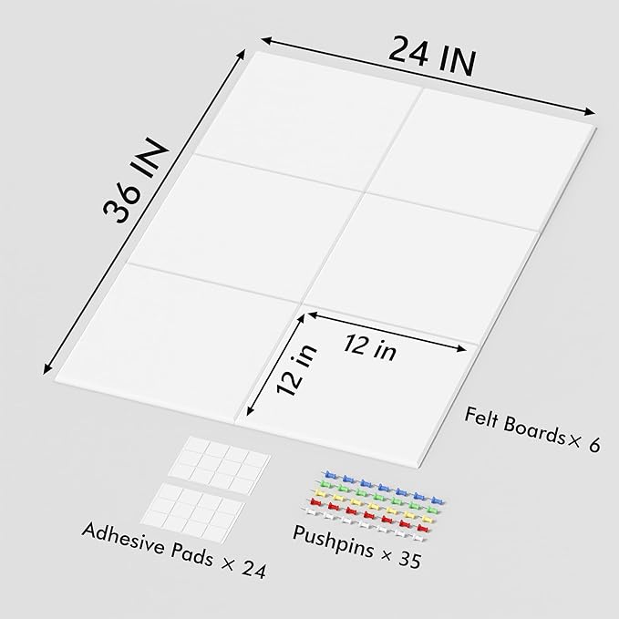 Large Cork Board for Wall, 36" x 24" White Bulletin Board with Pushpins, 6 Panels Felt Tiles Tack Push Pin Board for Office