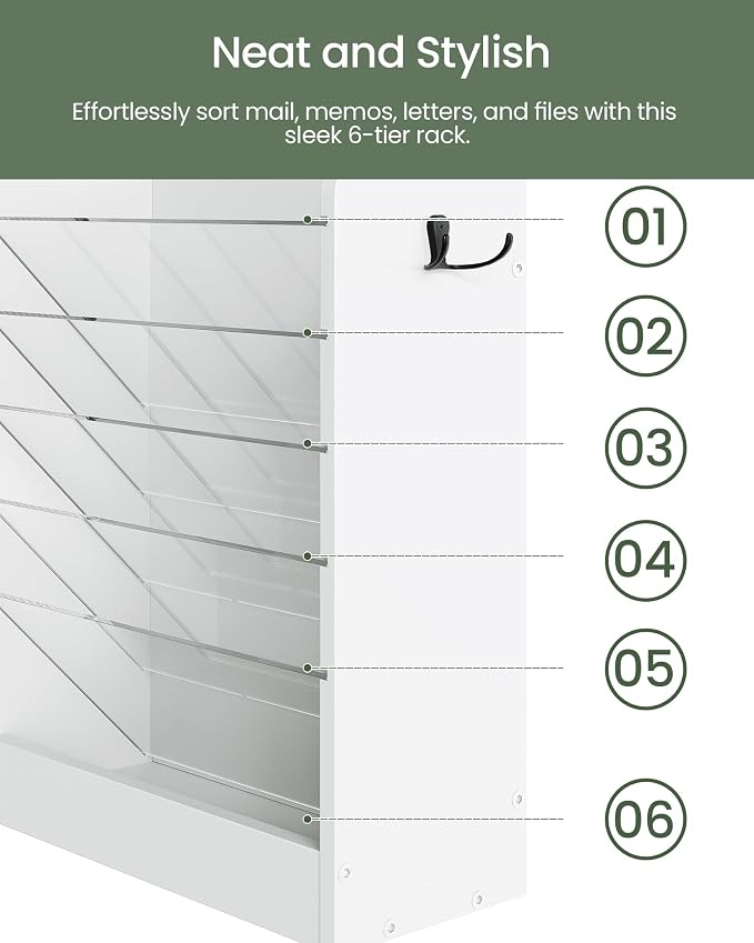 Wall File Holder, 6-Tier File Organizer, Office Supplies Storage Rack, Versatile Desktop Organizer, with Detachable Shelves, with Side Hooks, for Living Room, Study, Home Office, White MWJ02WB