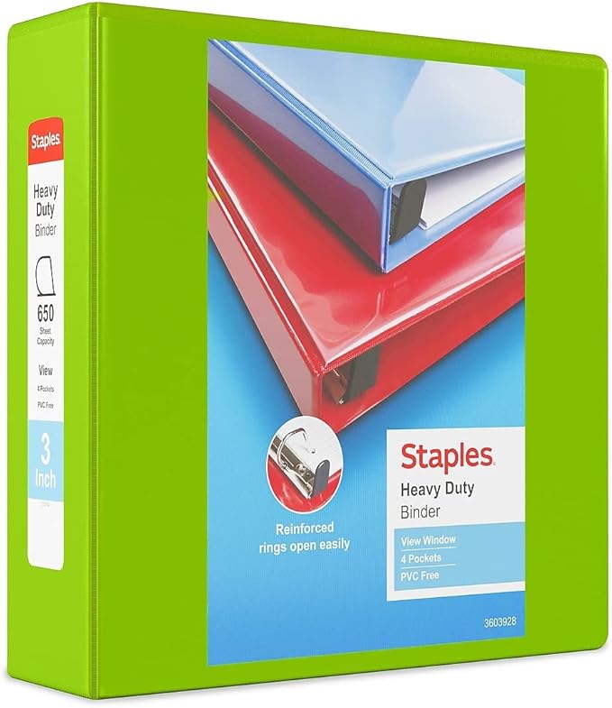 Staples Heavy-Duty 3-Inch D-Ring View Binder, Reinforced Spine, Holds Up to 600 Sheets, Chartreuse, for Office & School