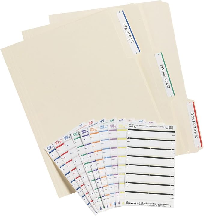 Avery® File Folder Labels on 4" x 6" Sheets, Easy Peel®, Assorted, Print & Handwrite, 2/3" x 3-7/16", 252 Labels (5215)