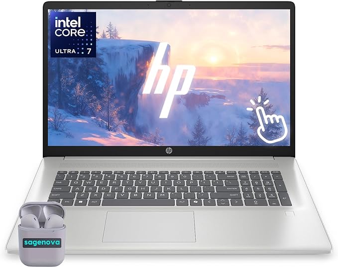 HP 17.3" Touchscreen Laptop Computer, Windows 11, 16GB RAM 512GB SSD, Intel Core Ultra 7 255U, HD+ 1600 x 900 Display, Fingerprint Reader, Backlit Keyboard, SageNova Earphones, Natural Silver