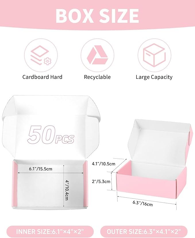 6x4x2 Inch Pink Shipping Boxes, 50 Pack Small Cardboard Box, Mailer Packaging Boxes for Shipping & Storage