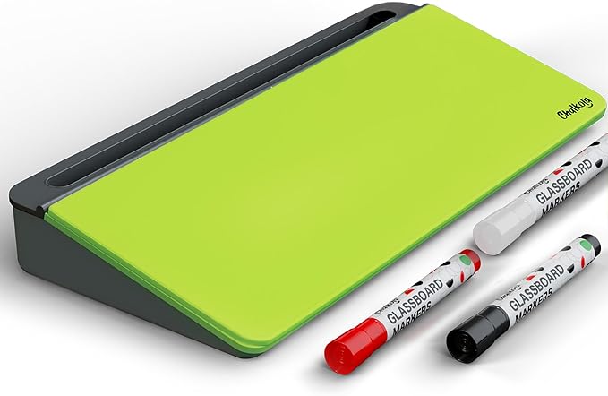 Chalkola Neon Green Glass Desktop Whiteboard with Storage - Dry Erase Board | Work Desk Organizers, Computer Keyboard Stand, Home Office Desk Accessories, Workspace Desk Board Buddy + 3 Markers