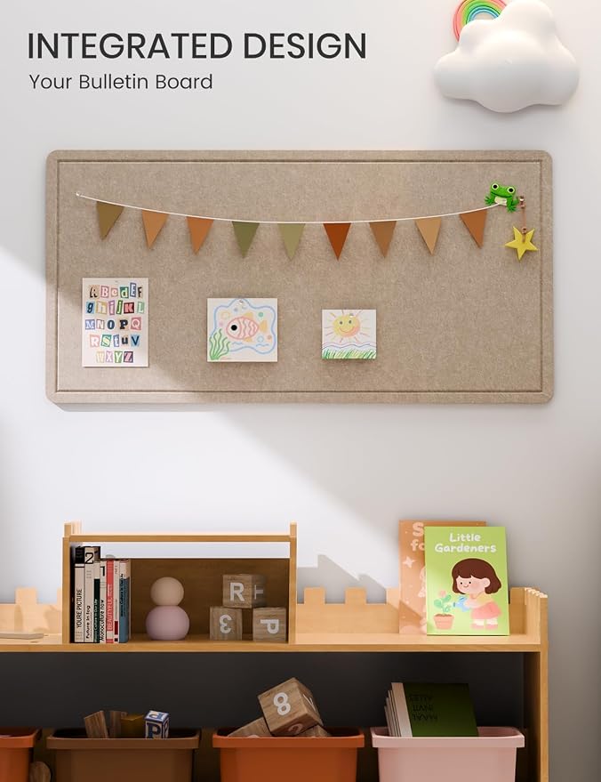 Fluxynara 35" x 17.1" Bulletin Board, Taupe | Cork Board Alternative with 12 Removable Adhesive Tabs, Foldable Felt Pin Board for Home, Office, Classroom & Dorm