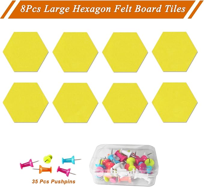 Large Hexagon Felt Cork Board Tiles, Self Adhesive DIY Felt Bulletin Board Pin Board with 35 Pushpins for Office School Home Wall Decor Stickers Memos Photos Display(Yellow)