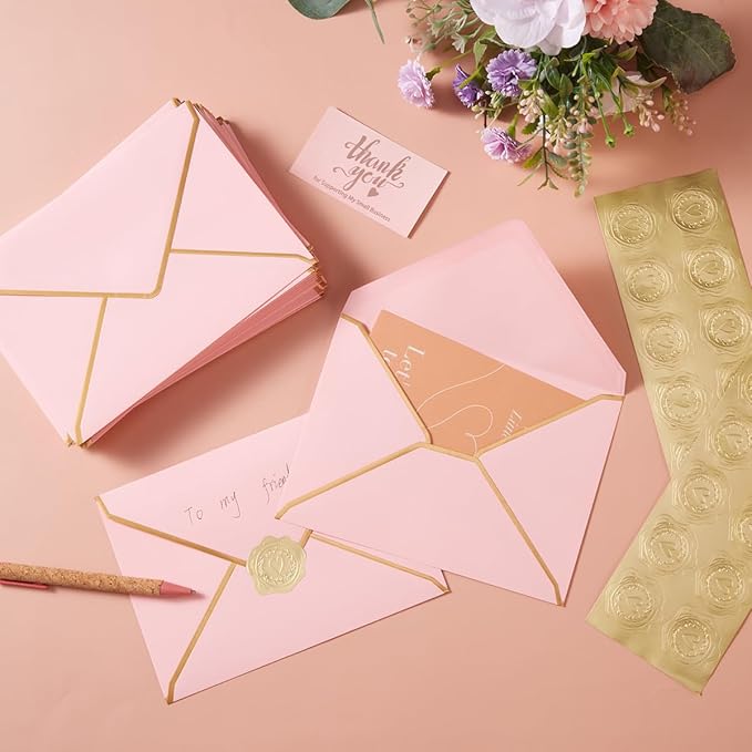 50 Pieces A7 Envelopes with Gold Border, 5.24 x 7.21 Inches Envelopes with Gold Stickers for Greeting Cards and Invitation (Pink, A7-5x7)