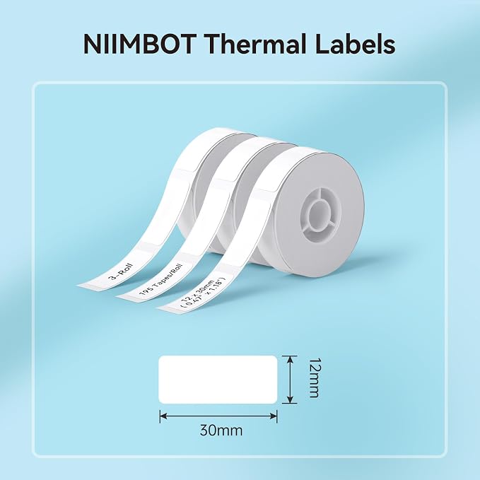NIIMBOT Label Maker Tape for D110/D11/D101 Label Maker, 12mm x 30mm, White | 3Rolls 0.47'' x 1.18'', Thermal Label Paper for Home Office School Labeling Tape Replacement