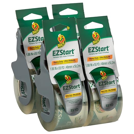 Duck EZ Start Clear Packing Tape with Dispensers – 4 Rolls of Quiet Easy Start Packaging Tape for Boxes, Shipping, Moving & Storage, 1.88 Inch x 55 Yards - Clear (287731)