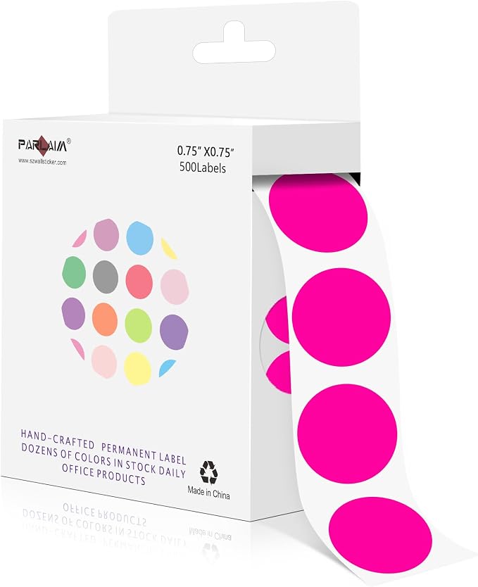PARLAIM 3/4 Inch Color Coding Label Stickers,500PCS Circle Inventory Sticky Dots Sticker in Dispenser Box,Fluorescent Pink Adhesive Round Dot Labels for Office Home(Fluorescent Pink)