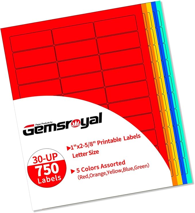 Colored Address Labels Printable 1”×2-5/8", 5 Fluorescent Colors Assorted,Neon Color Mailing Labels for Inkjet & Laser Printer, Strong Adhesive,25 Sheets 750 Stickers