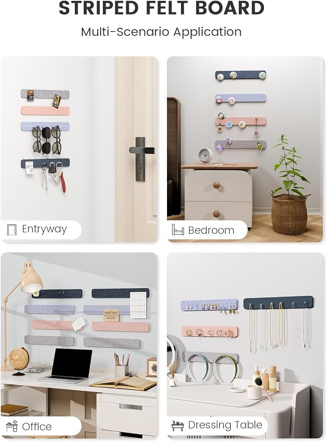 Fluxynara 13" x 2" Felt Wall Panels, Heather Grey | 8-Pack Includes 50 Push Pins and Adhesive Tabs for Photos, Notes and Decor in Bedroom Doors, Home Office or Studios