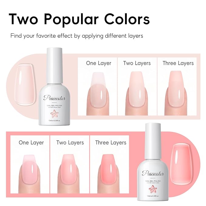PEACECOLOR Gel Nail Kit, 240Pcs Short Medium Coffin Nail Tips with U V Lamp 2 Colors Jelly Gel Polish Top Coat Glue Nail Art Extension Set Gifts for Women DIY Home Salon