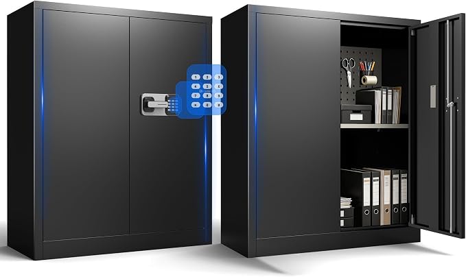 Marcree Digital Storage Cabinet, Metal Storage Locker with Dual Alarm System, Black File Storage Cabinet with Door and Adjustable Shelves for Home Office, Pegboard, Hooks, 43.3" H *35.43" W *15.75" D