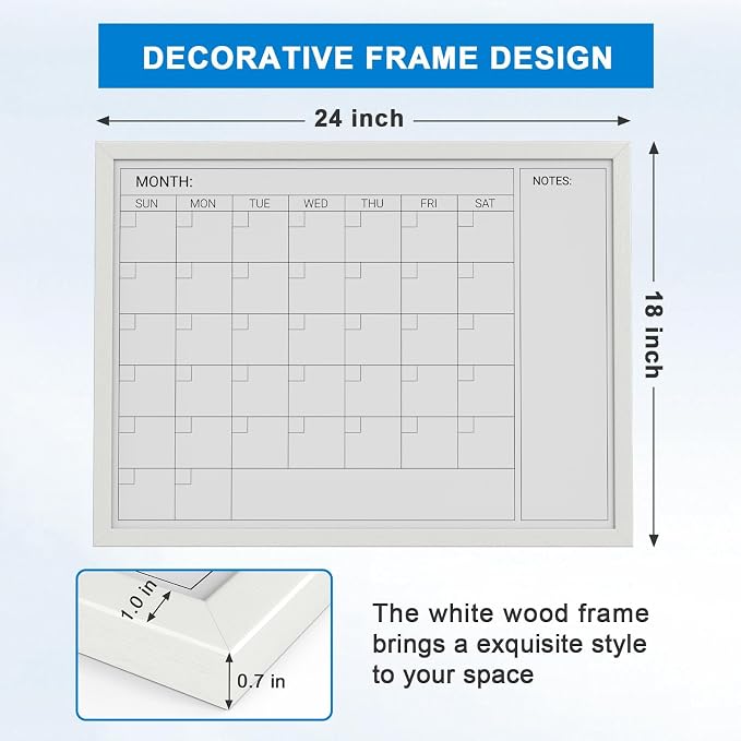 Comix Magnetic Monthly Calendar Whiteboard, 24 x 18 Inches White Wooden | Modern white wood frame magnetic monthly calendar whiteboard, decorative wall planner for home, kitchen, school and office