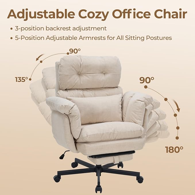 Criss Cross Office Chair with Foot Rest, Big and Tall Office Desk Chair with Flip Armrests for Pets & Cross Legged Sitting, Comfy Executive Ergonomic Reclining Computer Gaming Vanity Chair, White