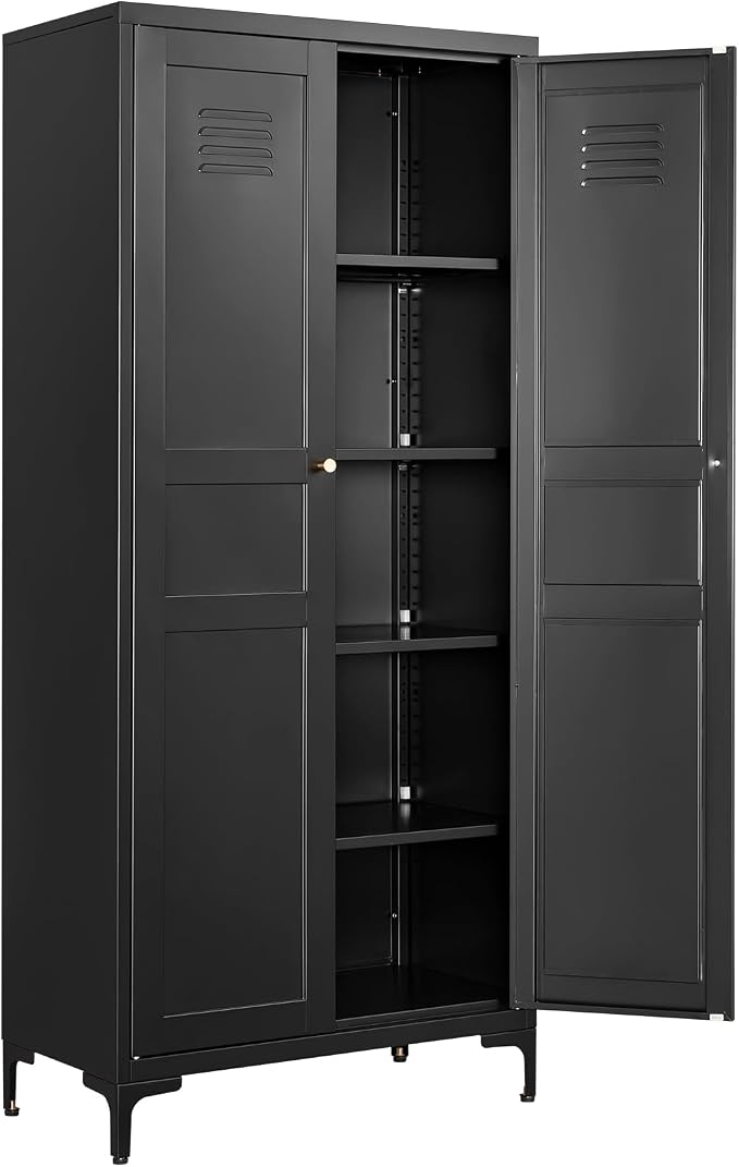 Fesbos Metal Storage Cabinet-61” Tall Steel File Cabinets with Doors and 4 Adjustable Shelves-Black Steel Storage Cabinet for Home,Kitchen, School, Office, Garage