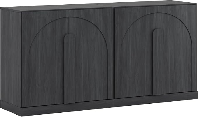 BELLEZE 2 Tier Bookshelf with Arched Wood Door, Set of 2 Modern Display Bookcase Shelf with Storage and Adjustable Shelves, 63" Wood Bookshelves for Living Room Office Entryway (Ebony)