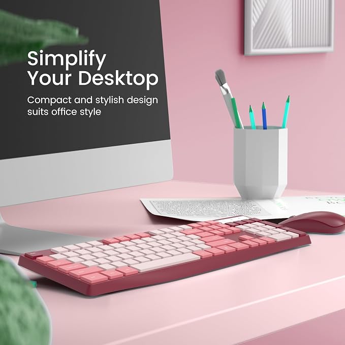Wireless Keyboard and Mouse Combo, Lovaky 2.4G Full-Sized Ergonomic Keyboard Mouse, 3 DPI Adjustable Cordless USB Keyboard and Mouse, Quiet Click for Computer/Laptop/Windows/Mac (1 Pack, Rose) | Ergonomic, Low profile Keys, 3 DPI Adjustable, 2.4G Quiet...