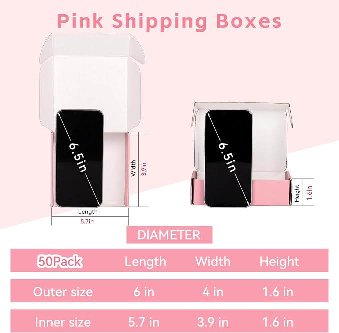 6x4x1.6 Pink Shipping Boxes for Small Business, 50 Pack Small Shipping boxes, Corrugated Cardboard Boxes for Shipping Packing