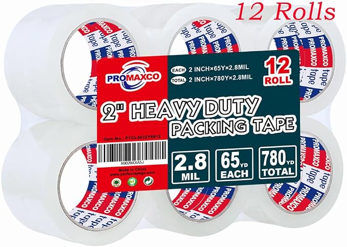 Heavy Duty Packing Tape 12 Rolls, Clear, 2.8 mil, 65 Yards x 1.88 inch, Total 780Y, Ultra Strong, Refill for Packaging and Shipping