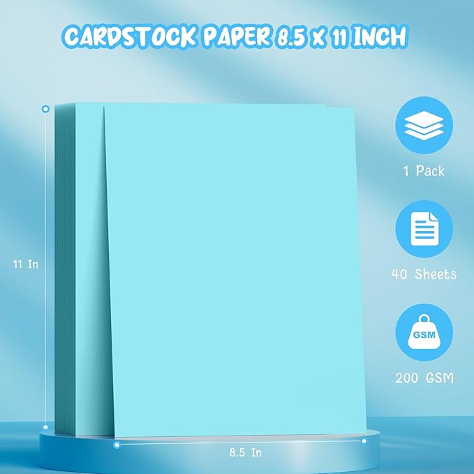 40 Sheets Blue Cardstock Paper 8.5 x 11, Thick Card Stock Paper, Light Blue Cardstock Printer Paper 8.5 x 11, 200 GSM Construction Paper 8 1/2 x 11 for DIY Cards, Invitations, Greeting Cards