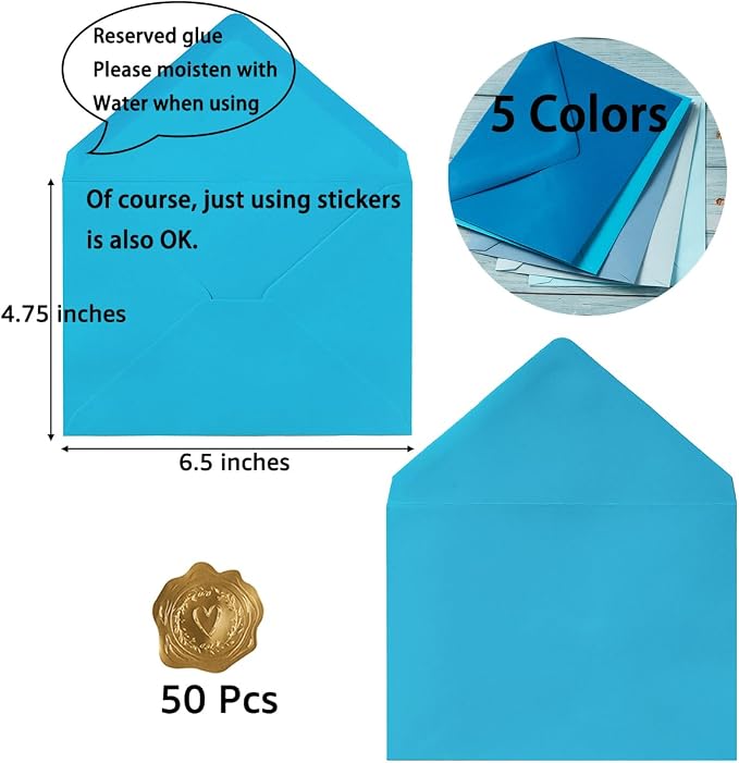 50 Pack Colored A6 Invitation Envelopes 4x6 Blue, 6 1/2 x 4 3/4 in | 5 Colors Envelopes with Gold Stickers For Cards and Invitations