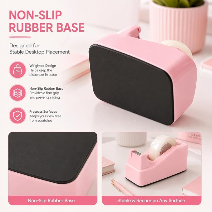 SHOIKOM Cute Tape Dispenser for Desk, Weighted Non-Slip Base, One-Hand Tape Cutter, Pink Desk Accessories, Aesthetic Office Decor for Women, Students & Teachers(Tape not Included)