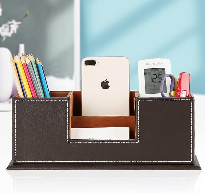 KINGFOM™ Double Holder Wood Leather Multi-Function Desk Stationery Organizer Dark Brown