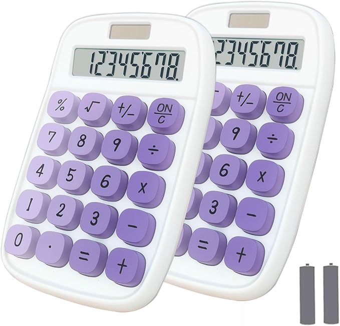 Big Button Calculator, Pastel Calculator (W-Purple,2 Pack) | Large LCD Display 8 Digit Tilt Screen and Big Button for Teachers Students Basic Office