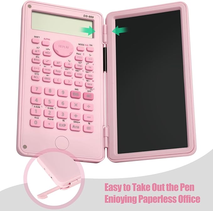 Scientific Calculator with LCD Writing Tablet Notepad, 240 Functions Foldable Math Calculator, Dual-Line 10+2 Digit Large Display, Portable for High School College Office(Pink)