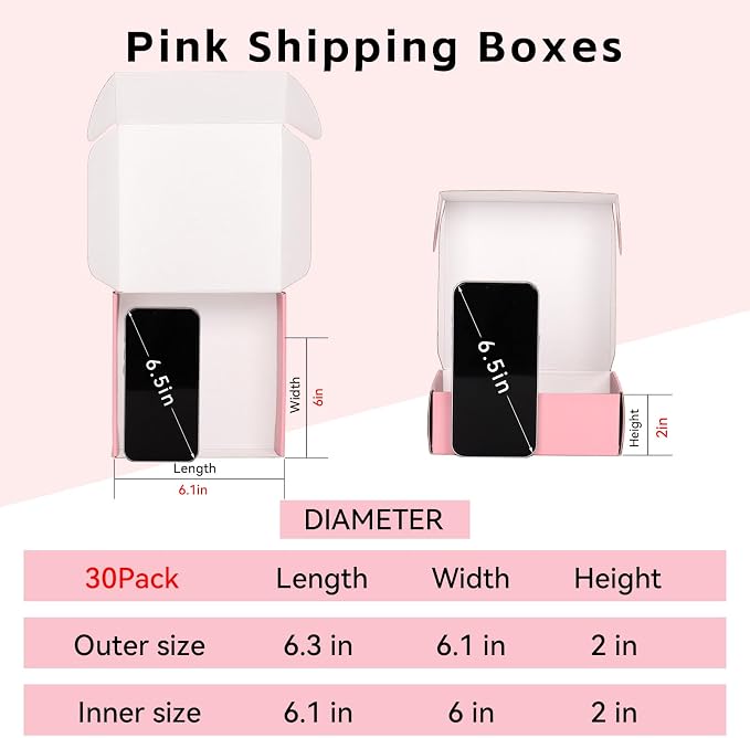Pink Shipping Boxes for Small Business 6x6x2, 30 Pack Small Corrugated Cardboard Boxes for Shipping Mailing