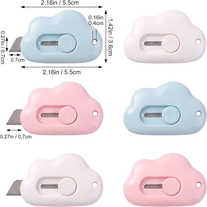 6 Pack Cloud Retractable Box Cutters Mini Package Openers | 6PCS cloud-shaped mini box cutters place compact package openers across home office desk craft travel or daily mail routines