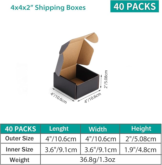 Hoikwo 40 Pack 4x4x2 Shipping Boxes for Small Business, Black Packaging Cardboard Boxes, Moving Mailing Packing Box